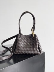 Noir Woven Lambskin Leather Shoulder Bag with Braided Handle and Gold Accents