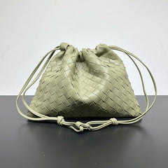 Luxurious Handwoven Lambskin Drawstring Shoulder Bag - Genuine Leather Shoulder Bucket Bag for Women