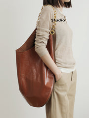 Oversized Fashion Cowhide Leather Chain Boho Bag, Must-have Fashion Tote Bag