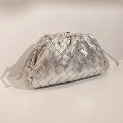 Small Handcrafted Lambskin Leather Weave Cloud Pouch With Pleated Design, Woven Crossbody Clutch Evening Bag