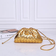 Small Handcrafted Lambskin Leather Weave Cloud Pouch With Pleated Design, Woven Crossbody Clutch Evening Bag