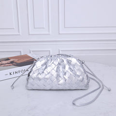 Small Handcrafted Lambskin Leather Weave Cloud Pouch With Pleated Design, Woven Crossbody Clutch Evening Bag