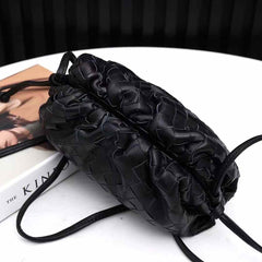 Small Handcrafted Lambskin Leather Weave Cloud Pouch With Pleated Design, Woven Crossbody Clutch Evening Bag