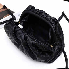 Small Handcrafted Lambskin Leather Weave Cloud Pouch With Pleated Design, Woven Crossbody Clutch Evening Bag