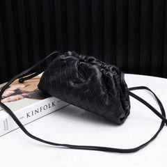 Small Handcrafted Lambskin Leather Weave Cloud Pouch With Pleated Design, Woven Crossbody Clutch Evening Bag