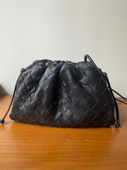 Small Handcrafted Lambskin Leather Weave Cloud Pouch With Pleated Design, Woven Crossbody Clutch Evening Bag