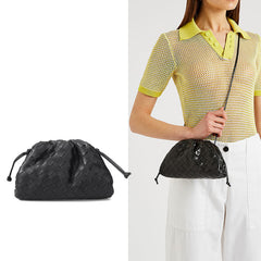 Small Handcrafted Lambskin Leather Weave Cloud Pouch With Pleated Design, Woven Crossbody Clutch Evening Bag