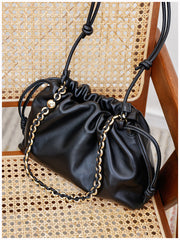 Soft Lambskin Leather Drawstring Cloud Bag | Chain & Knot Shoulder, Crossbody & Handbag for Women