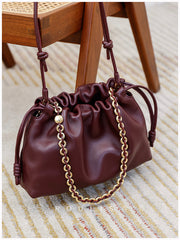 Soft Lambskin Leather Drawstring Cloud Bag | Chain & Knot Shoulder, Crossbody & Handbag for Women