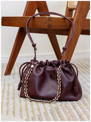 Soft Lambskin Leather Drawstring Cloud Bag | Chain & Knot Shoulder, Crossbody & Handbag for Women