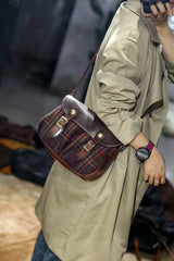 Versatile and Stylish Handcrafted Plaid Wool and Full Grain Leather Crossbody Bag