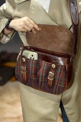 Versatile and Stylish Handcrafted Plaid Wool and Full Grain Leather Crossbody Bag