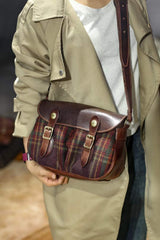 Versatile and Stylish Handcrafted Plaid Wool and Full Grain Leather Crossbody Bag