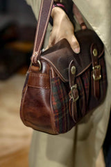 Versatile and Stylish Handcrafted Plaid Wool and Full Grain Leather Crossbody Bag