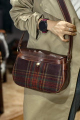 Versatile and Stylish Handcrafted Plaid Wool and Full Grain Leather Crossbody Bag