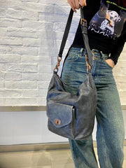 Vintage Full Grain Leather Hobo Shoulder Bag ｜ Handcrafted Cowhide Leather Bucket Bag