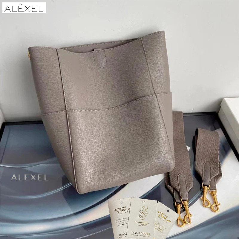 Extra Large Genuine Leather Bucket Bag, Minimalist Classic Leather Tote Bag, Fashion Designer Shoulder Bag Wide Strap, Gift For Her - Alexel Crafts