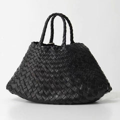 Italy Leather Woven Bag Hobo Trapezoidal Shoulder Bag (Long Handle) | New Style Summer Beach Bag Full Grain Leather Triple Jump Bamboo HandBag, Handcrafted Basket Bag - Alexel Crafts