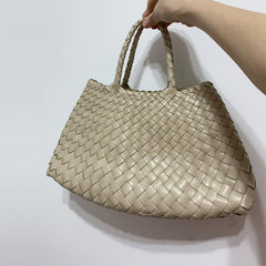 Italy Leather Woven Bag Hobo Trapezoidal Shoulder Bag (Long Handle) | New Style Summer Beach Bag Full Grain Leather Triple Jump Bamboo HandBag, Handcrafted Basket Bag - Alexel Crafts