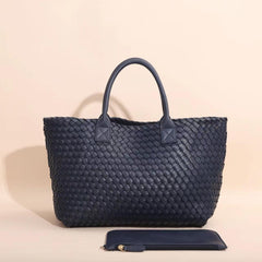 Large Handwoven Vegan Leather Tote/Weekend Bag in Onyx I Trendy Boutique Style ! Handmade Gift for Her - Alexel Crafts