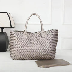 Large Handwoven Vegan Leather Tote/Weekend Bag in Onyx I Trendy Boutique Style ! Handmade Gift for Her - Alexel Crafts