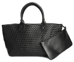 Large Handwoven Vegan Leather Tote/Weekend Bag in Onyx I Trendy Boutique Style ! Handmade Gift for Her - Alexel Crafts