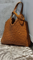 Large Italy Leather interwoven Hobo Tote Bag, Full Grain Leather Triple Bamboo Bag, Summer Beach Bag, Handcrafted Designer Basket Bag