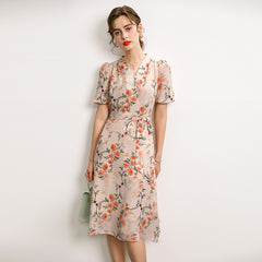 100% Mulberry Silk Midi Dress Floral, Embroidered Dress, Fashion Runway Summer Dress