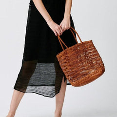 Cowhide Leather Fashion Summer Woven Bag, Woven Triple Jump Bamboo Shoulder Bag, Beach Bag, Basket Bag, Hobo Leather Bag, Handmade Bag