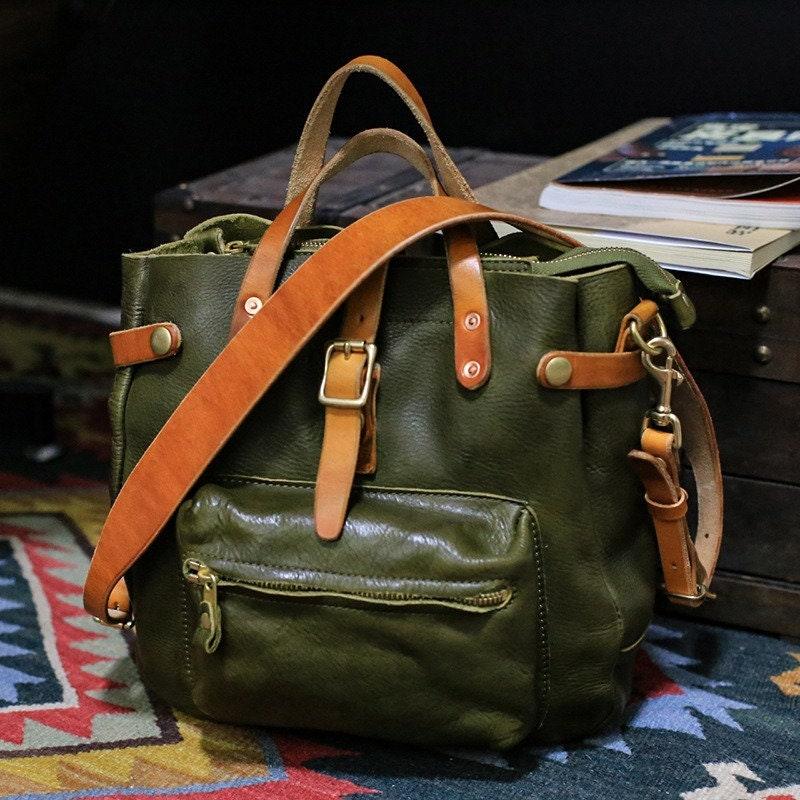 Cowhide Leather Women's Shoulder Bag, Handmade Italian Tanned Grain Leather Crossbody Bag, Men's American Retro Casual Bag, Green