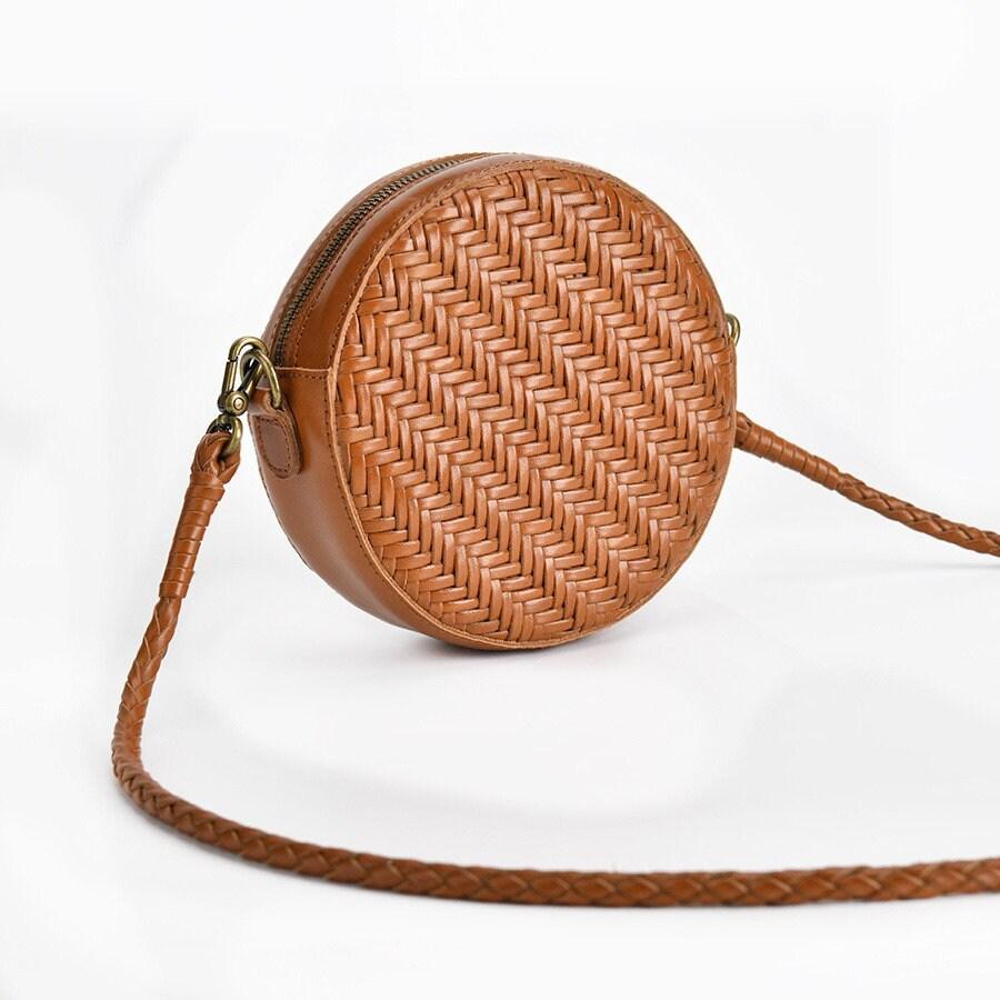 Grain Cowhide Leather Woven Hobo Round Bag, Summer Beach Bag, Triple Jump Bamboo Shoulder Bag, Handcrafted Basket Round Crossbody Bag
