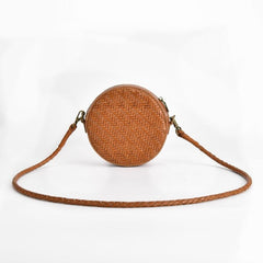 Grain Cowhide Leather Woven Hobo Round Bag, Summer Beach Bag, Triple Jump Bamboo Shoulder Bag, Handcrafted Basket Round Crossbody Bag