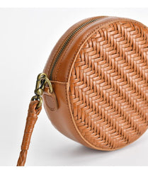 Cowhide Leather Woven Hobo Round Bag, Summer Beach Bag, Triple Jump Bamboo Shoulder Bag, Handcrafted Basket Round Crossbody Bag