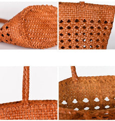 Genuine Leather Hand Woven Cuboid Shaped Ladies TOTE Bag, Open Rattan Woven Triple Jump Bamboo Ladies Hobo Holiday Bag, Weekend Basket Bag