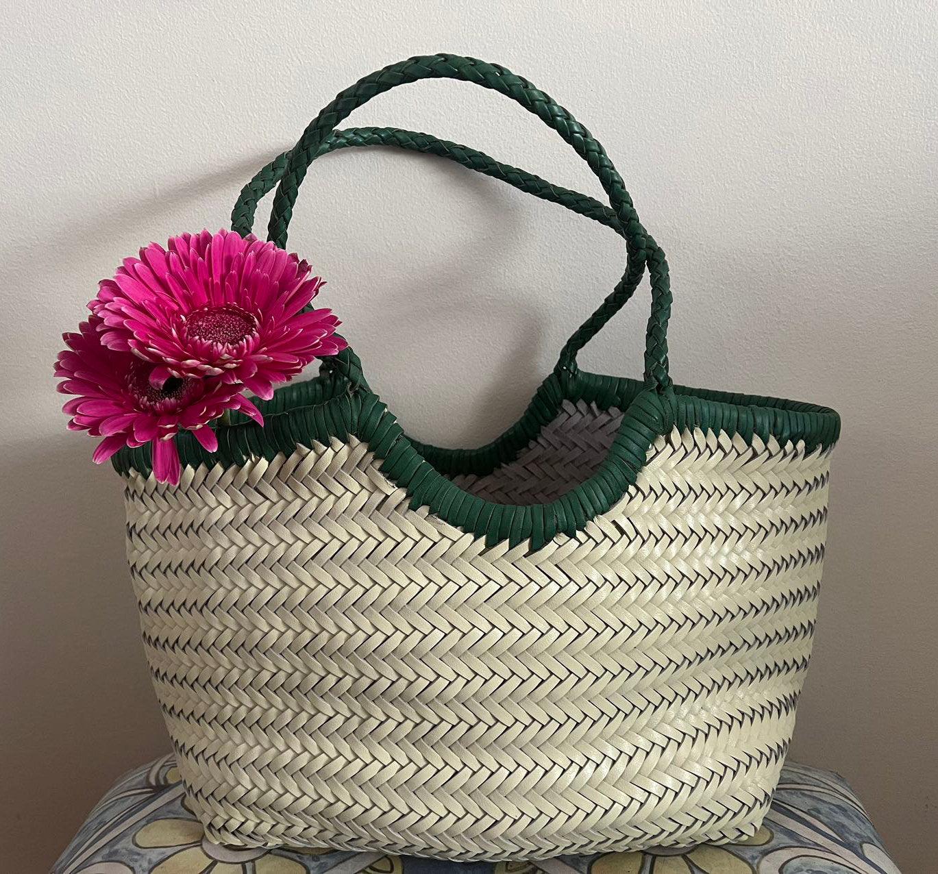 Green Beige Handcrafted Woven Leather Tote Bag, Full Grain Leather Hand Woven Triple Jump Bamboo Ladies HoBo Bag, Curve Summer Holiday Bag