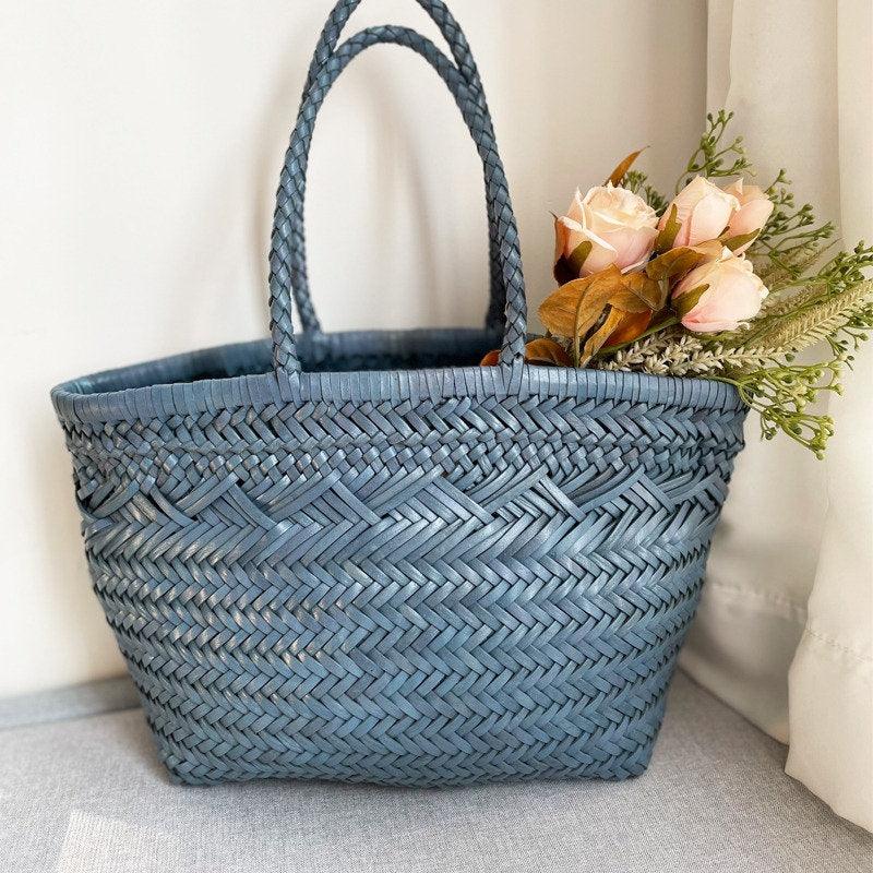 Handcrafted Grain Leather Summer Woven Bag, Woven Triple Jump Bamboo Style HandBag, Beach Bag, Basket Bag, Forest Green, Blue, White