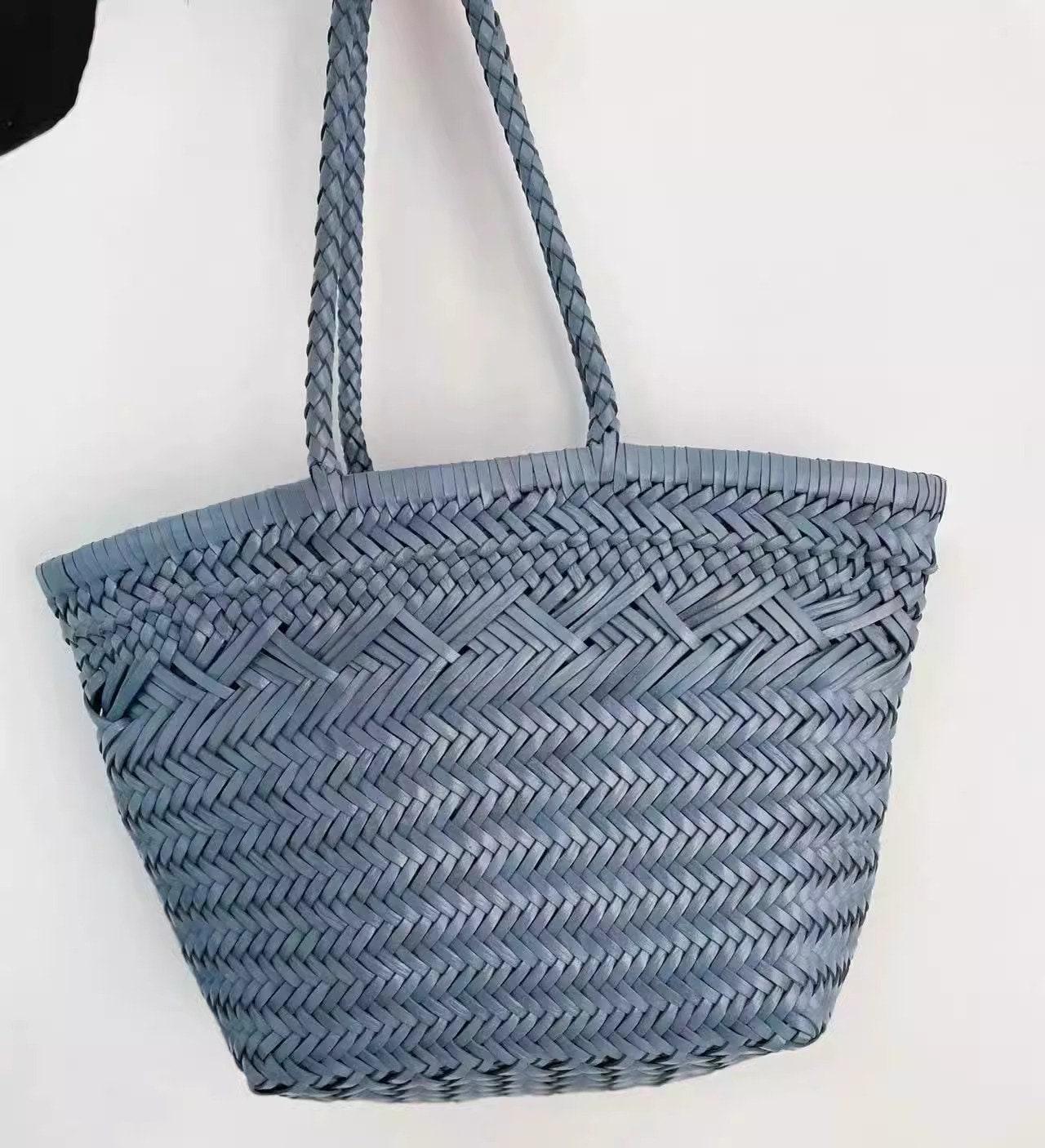 Handcrafted Grain Leather Summer Woven Bag, Woven Triple Jump Bamboo Style HandBag, Beach Bag, Basket Bag, Forest Green, Blue, White