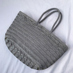 Handcrafted Grain Leather Summer Woven Bag, Woven Triple Jump Bamboo Style HandBag, Beach Bag, Basket Bag, Forest Green, Blue, White