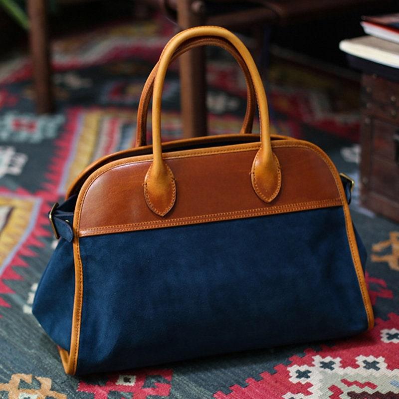 Handcrafted Italian Cowhide Leather Handbag Blue, Velvety Soft Suede Leather Domed Satchel,  Leather Laptop Bag, Weekend Bag, Christmas Gift