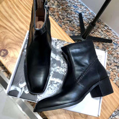 Handcrafted Women Genuine Leather Boots Ankle Square Heels Black Handmade Round Toe Big Size 8 AU/39 EU Shoes Woman