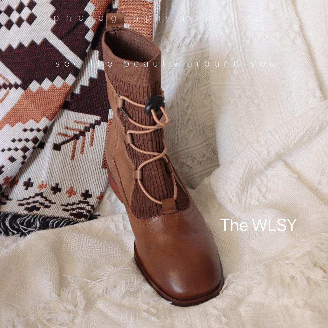 Handcrafted Women Genuine Leather Boots Ankle Square Heels Brown Punk Goth Lace Up Handmade Round Toe Big Size 5 AU/36 EU Shoes Woman