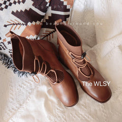 Handcrafted Women Genuine Leather Boots Ankle Square Heels Brown Punk Goth Lace Up Handmade Round Toe Big Size 5 AU/36 EU Shoes Woman