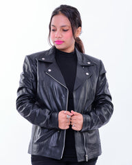 Handmade Women genuine leather biker jacket slim fit black | Made in Morocco