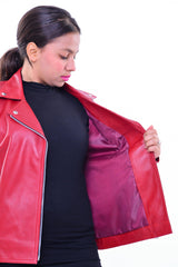 Handmade Women genuine leather biker jacket slim fit red | Made in Morocco