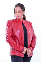 Handmade Women genuine leather biker jacket slim fit red | Made in Morocco