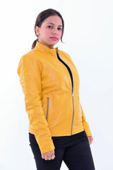 Handmade Women genuine leather biker jacket slim fit yellow | Made in Morocco