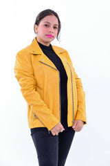 Handmade Women genuine leather biker jacket slim fit yellow | Made in Morocco