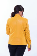 Handmade Women genuine leather biker jacket slim fit yellow | Made in Morocco