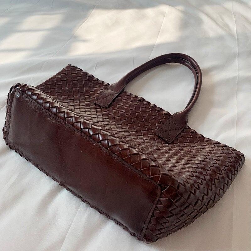 HandwovenCowhide Leather Tote bag, Ladies' Handbag, Woven Triple Jump Bamboo Hobo Holiday Bag, Beach Basket Shoulder Bag, Designer Woven Bag