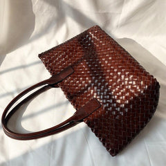 HandwovenCowhide Leather Tote bag, Ladies' Handbag, Woven Triple Jump Bamboo Hobo Holiday Bag, Beach Basket Shoulder Bag, Designer Woven Bag